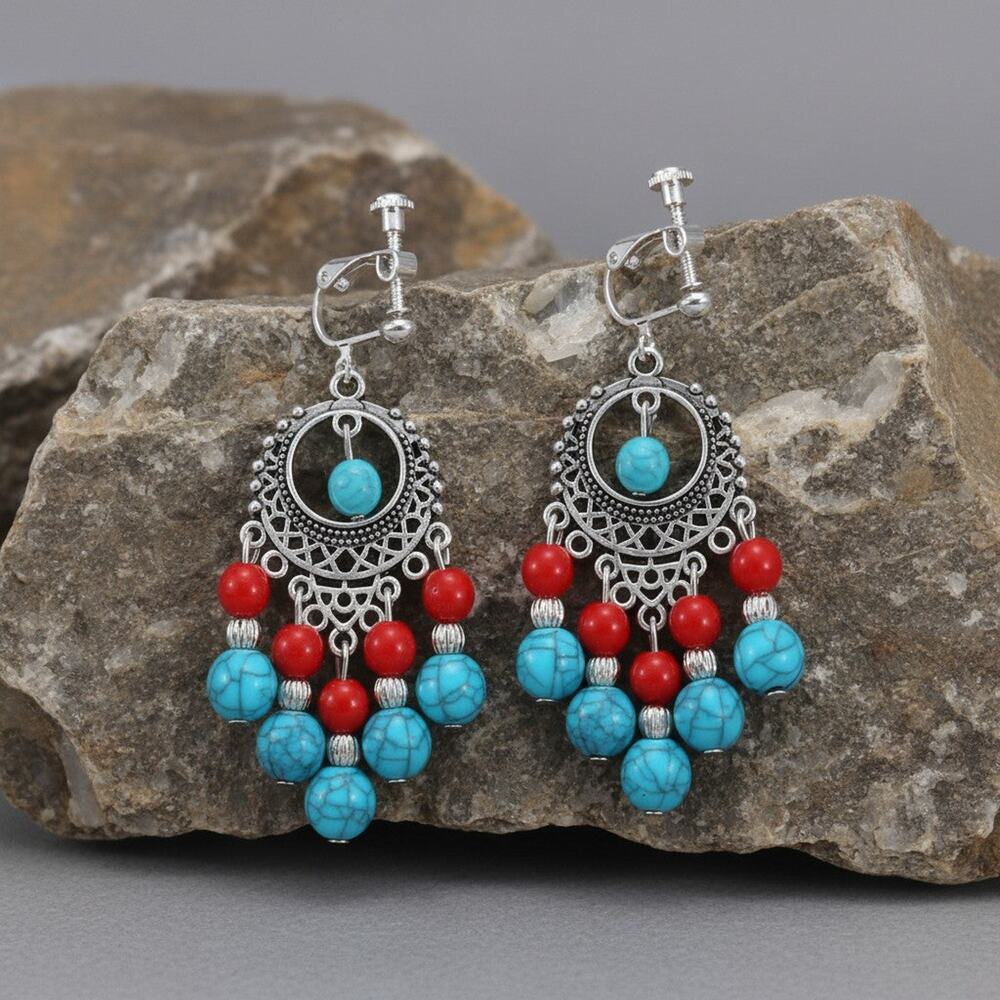 Clip on 2 1/2" silver, red, and turquoise bead dangle earrings